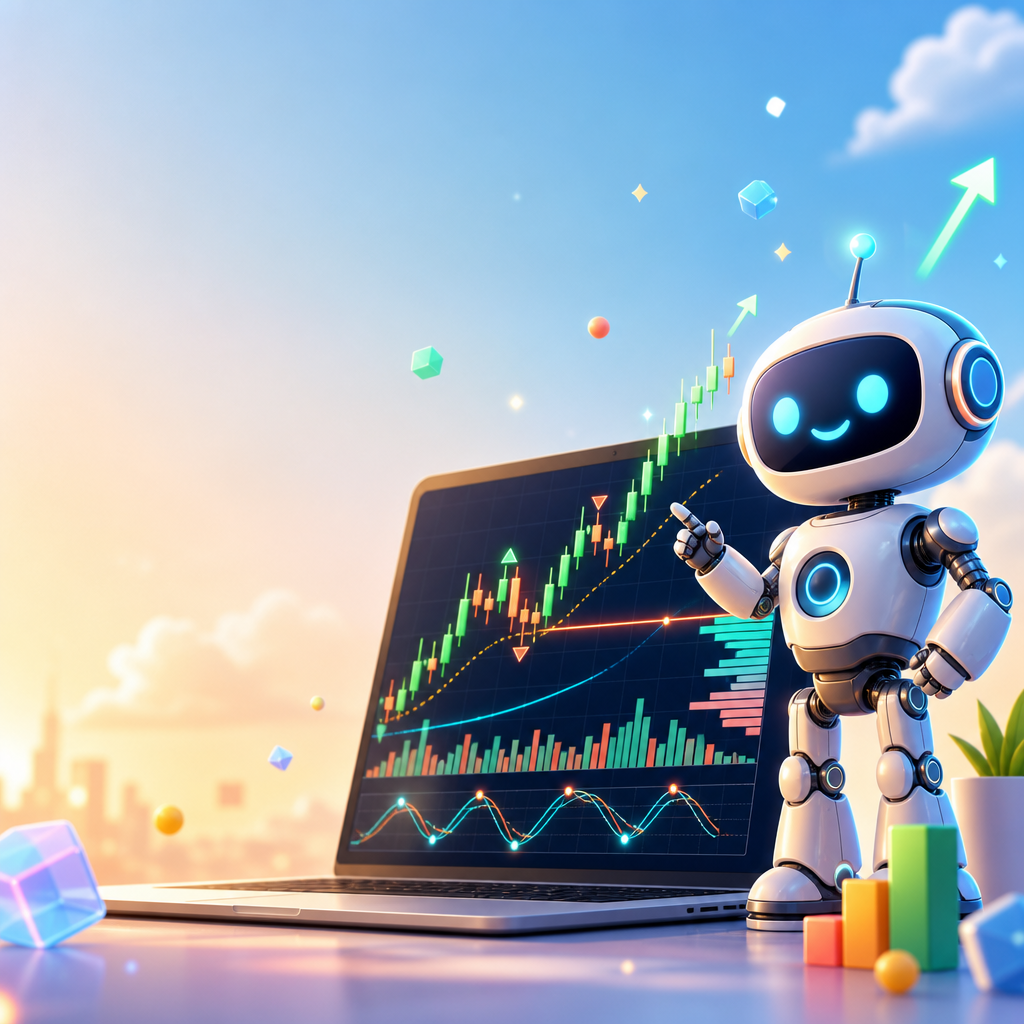 Friendly EA robot beside an MT5 candlestick chart